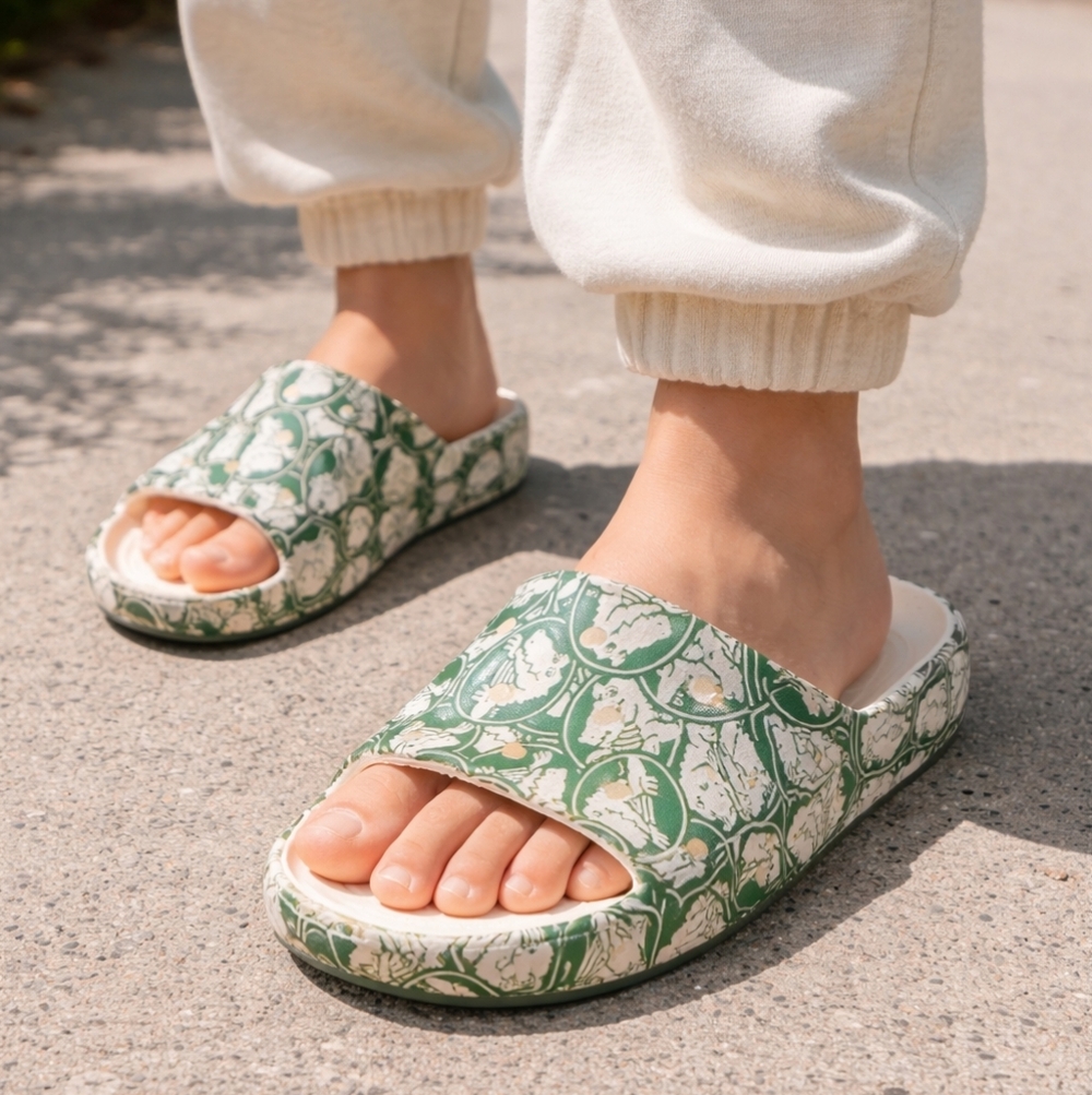 Crocs Unisex Green Graphic Slides Rare Print Comfort Foam Slip-On Sandals Casual